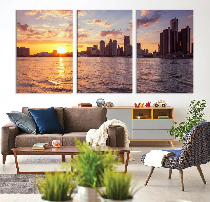 Downtown Detroit Sunset Skyline Cityscape Large Wall Art Canvas Print