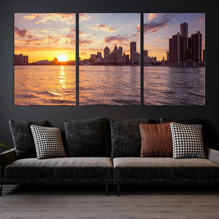 Downtown Detroit Sunset Skyline Cityscape Large Wall Art Canvas Print