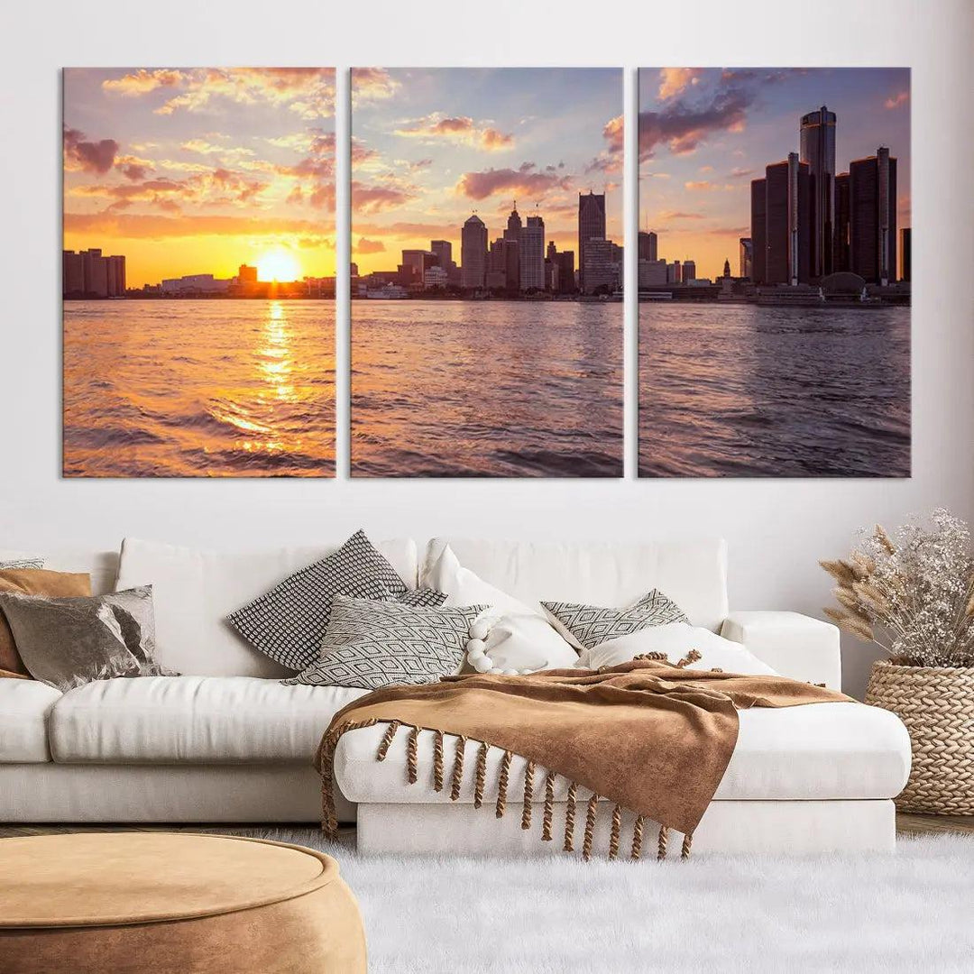 Downtown Detroit Sunset Skyline Cityscape Large Wall Art Canvas Print