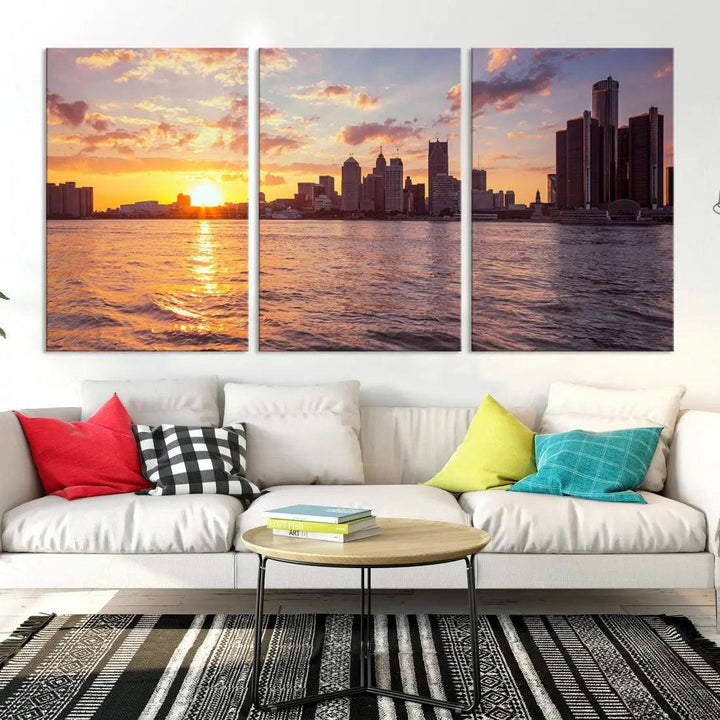 Downtown Detroit Sunset Skyline Cityscape Large Wall Art Canvas Print