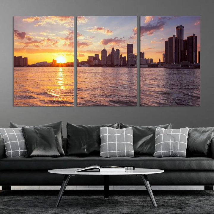 Downtown Detroit Sunset Skyline Cityscape Large Wall Art Canvas Print