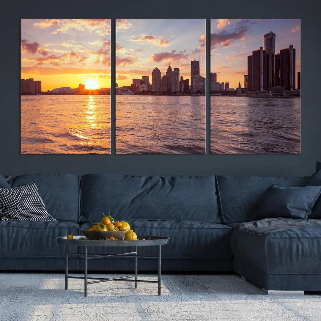 Downtown Detroit Sunset Skyline Cityscape Large Wall Art Canvas Print