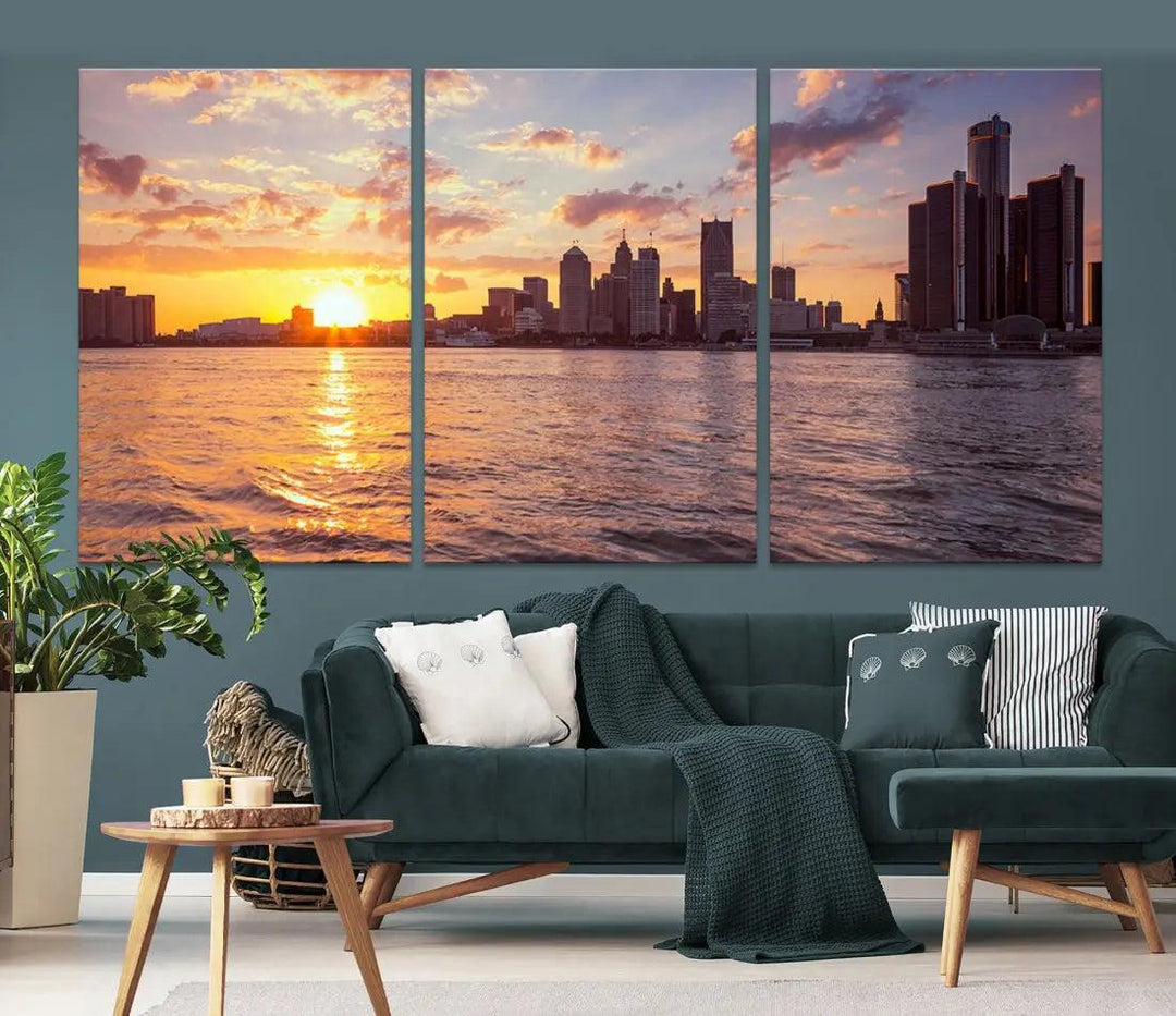 Downtown Detroit Sunset Skyline Cityscape Large Wall Art Canvas Print