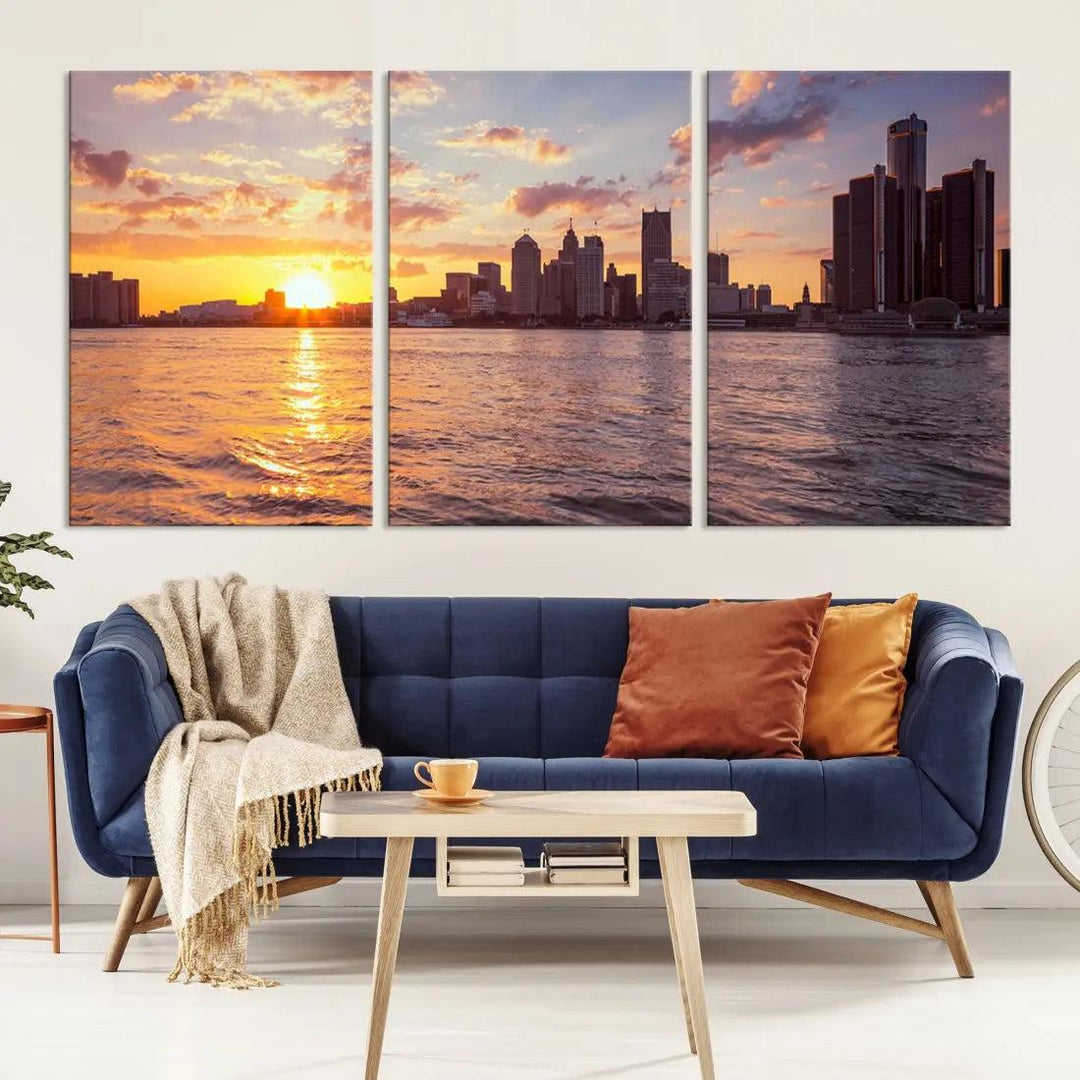 Downtown Detroit Sunset Skyline Cityscape Large Wall Art Canvas Print