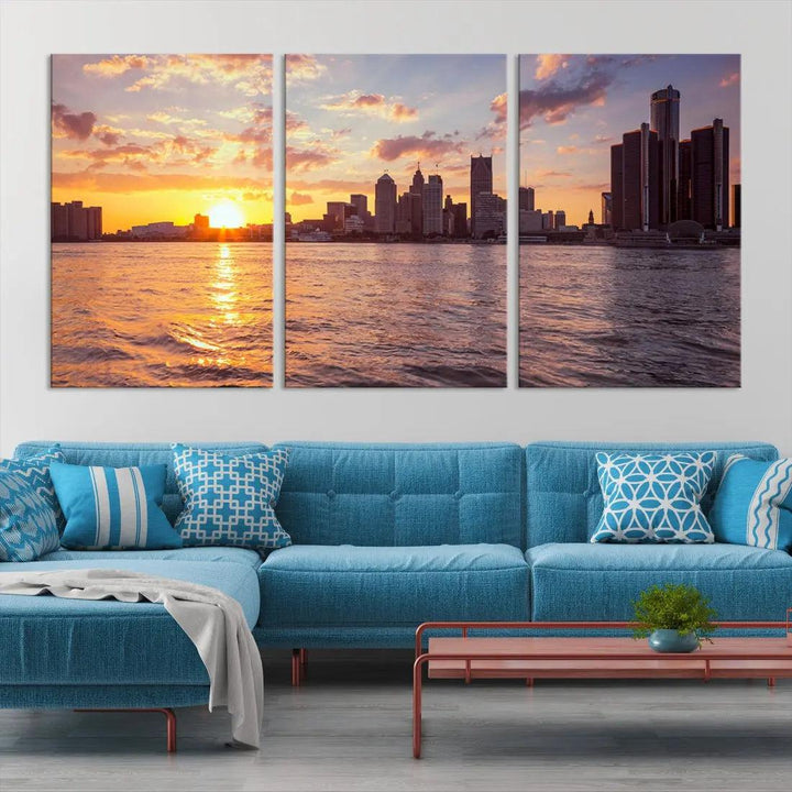 Downtown Detroit Sunset Skyline Cityscape Large Wall Art Canvas Print