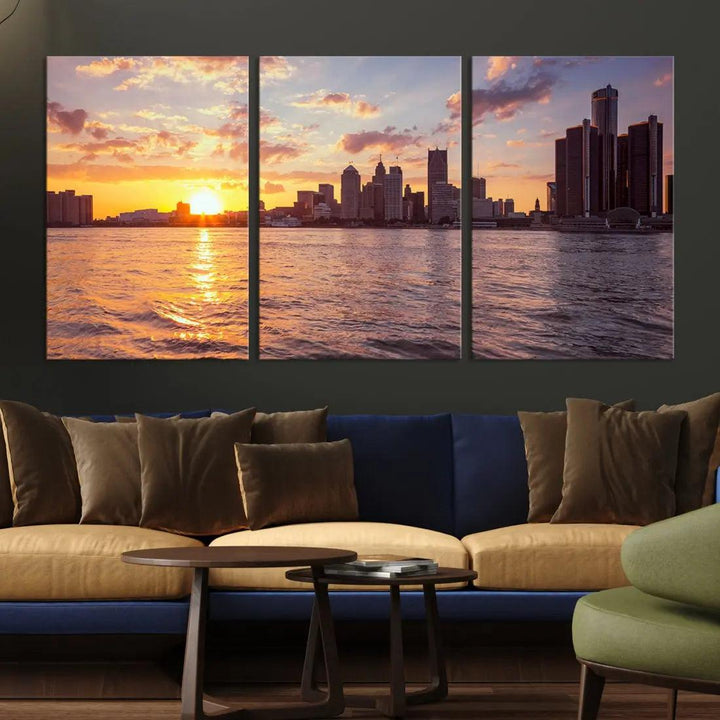 Downtown Detroit Sunset Skyline Cityscape Large Wall Art Canvas Print