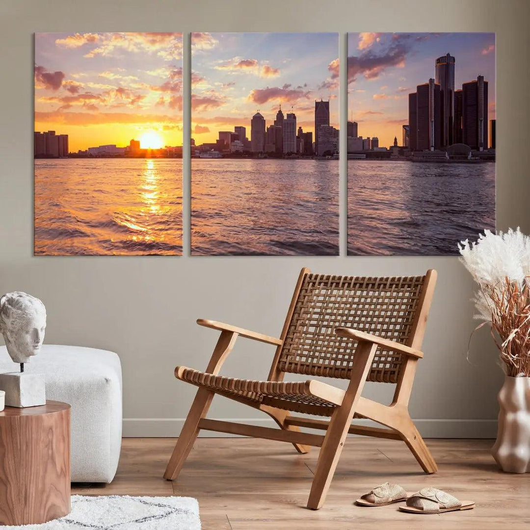 Downtown Detroit Sunset Skyline Cityscape Large Wall Art Canvas Print