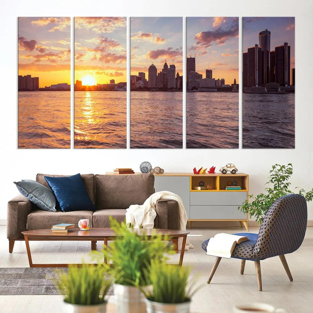 Downtown Detroit Sunset Skyline Cityscape Large Wall Art Canvas Print