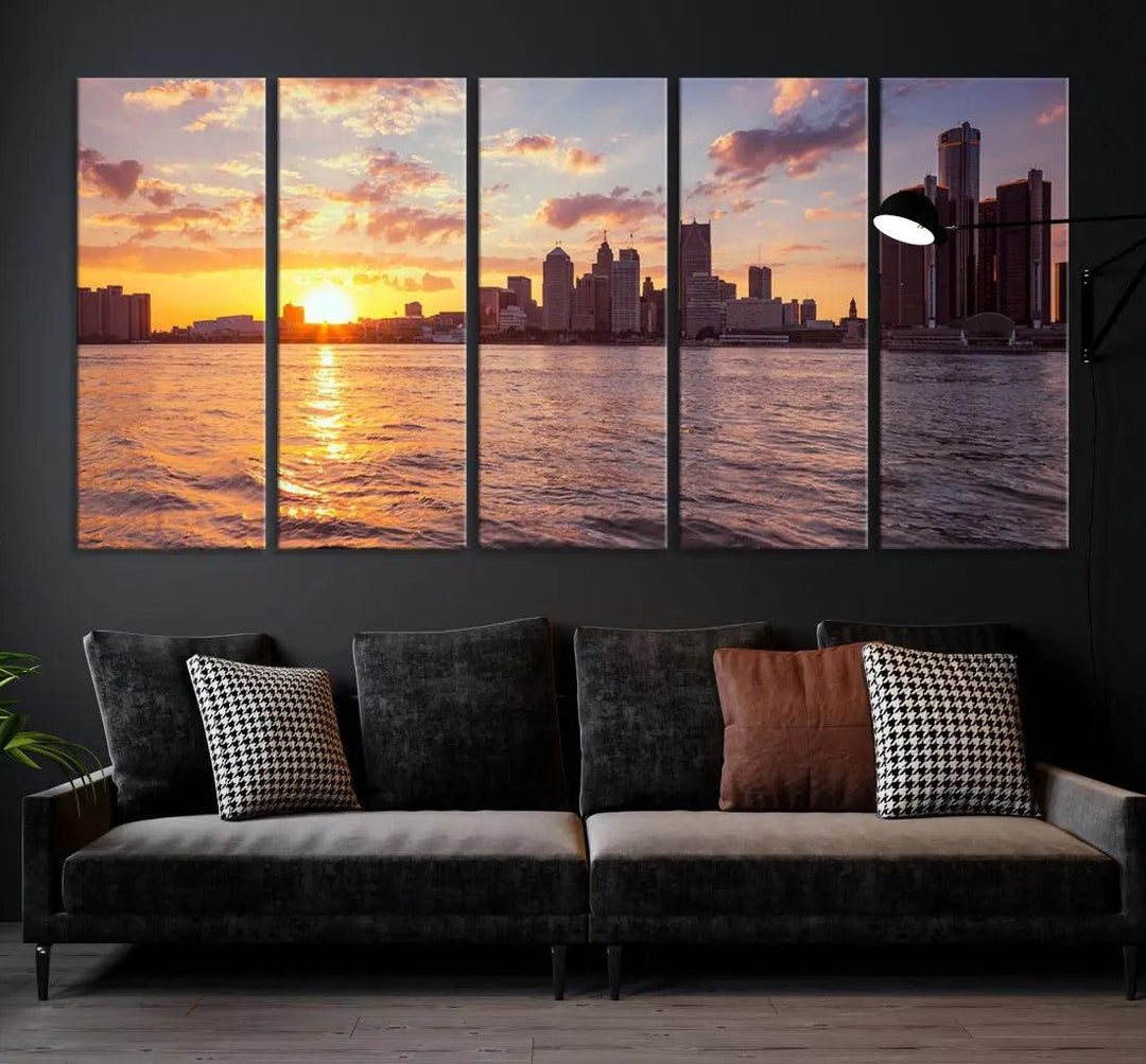 Downtown Detroit Sunset Skyline Cityscape Large Wall Art Canvas Print