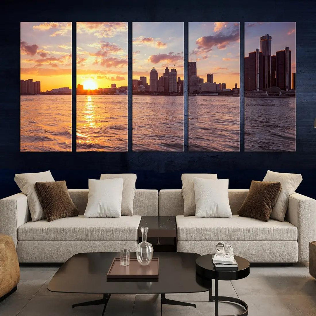 Downtown Detroit Sunset Skyline Cityscape Large Wall Art Canvas Print