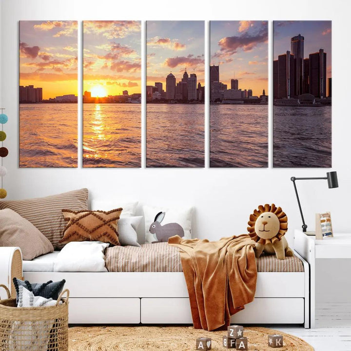 Downtown Detroit Sunset Skyline Cityscape Large Wall Art Canvas Print