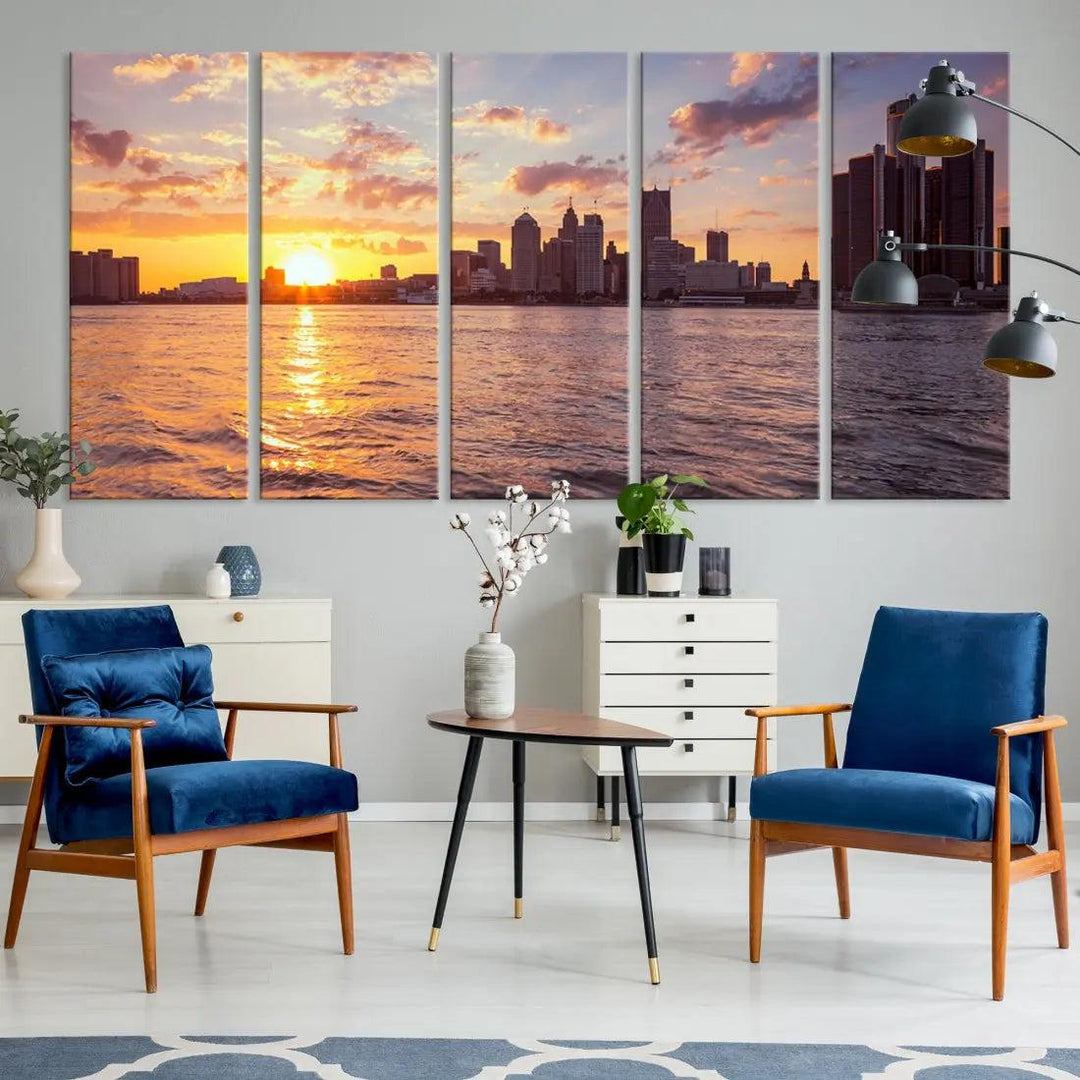 Downtown Detroit Sunset Skyline Cityscape Large Wall Art Canvas Print