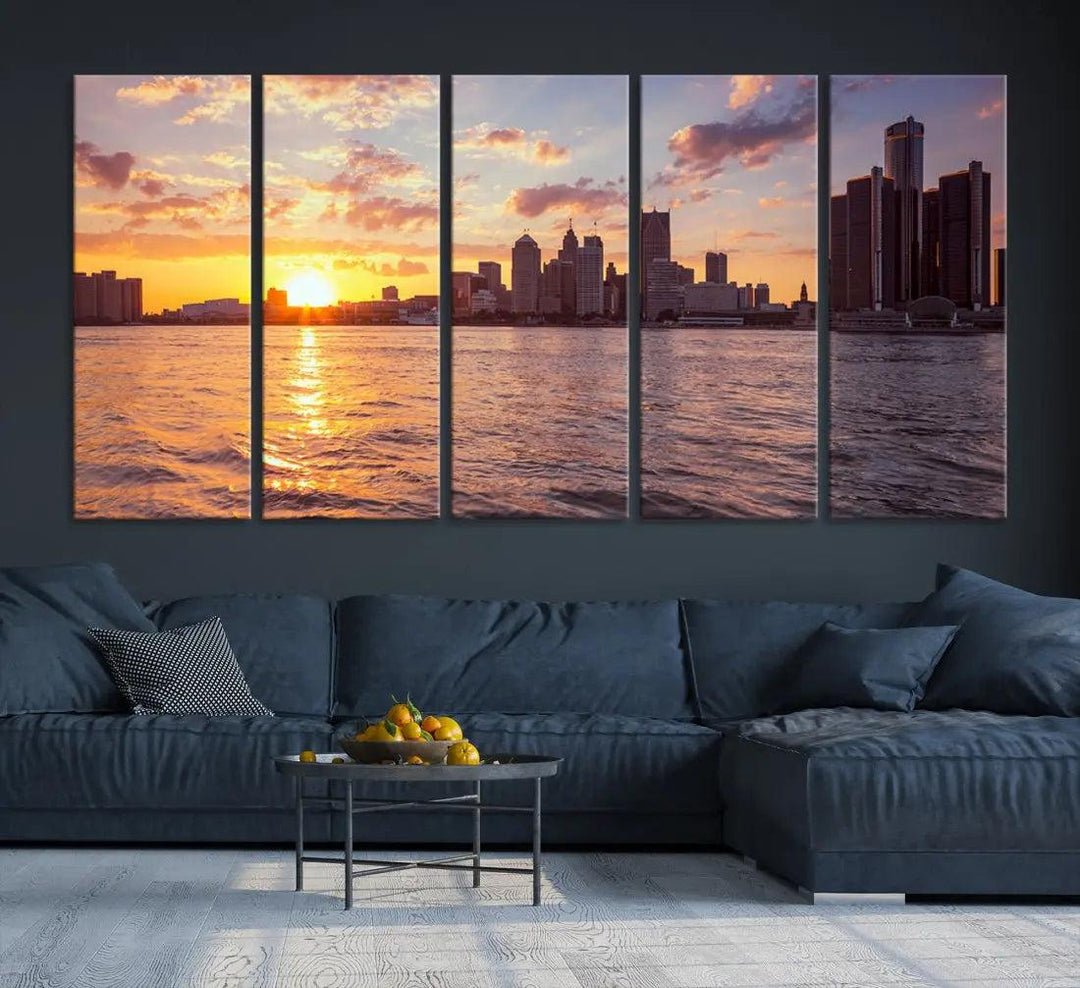 Downtown Detroit Sunset Skyline Cityscape Large Wall Art Canvas Print