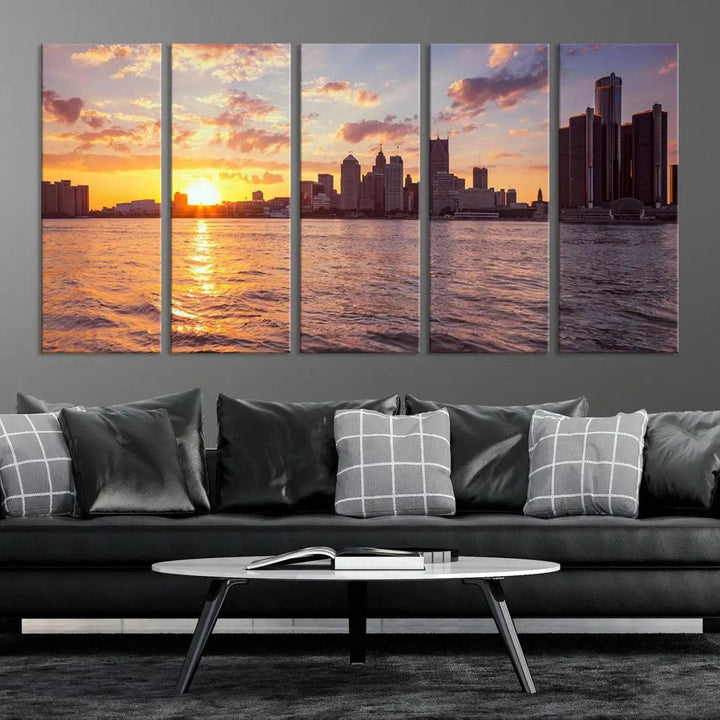 Downtown Detroit Sunset Skyline Cityscape Large Wall Art Canvas Print