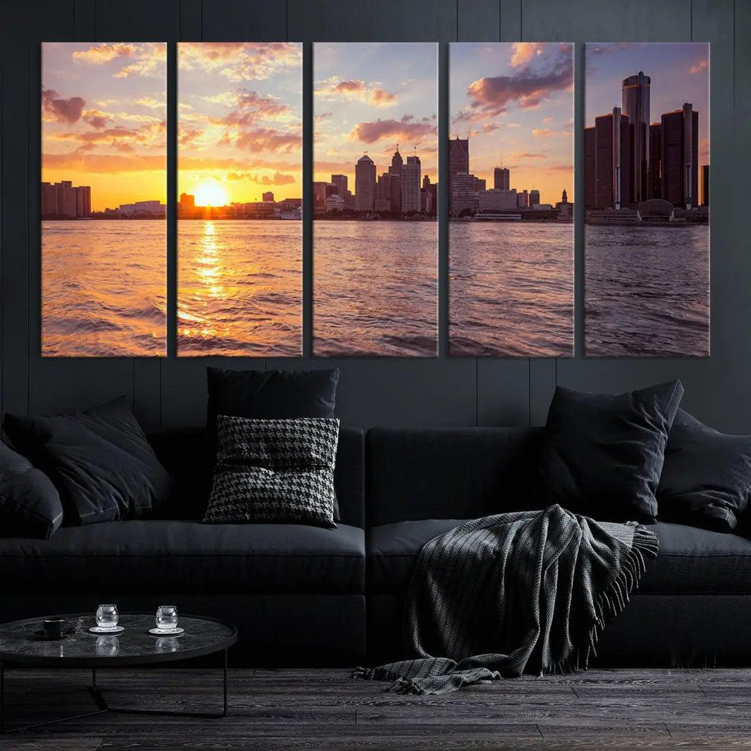 Downtown Detroit Sunset Skyline Cityscape Large Wall Art Canvas Print