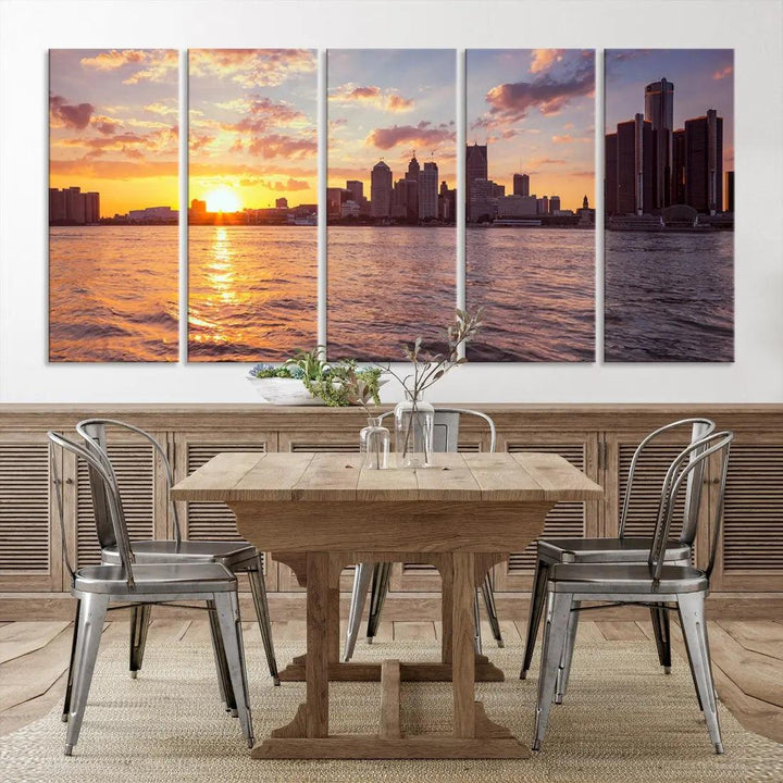 Downtown Detroit Sunset Skyline Cityscape Large Wall Art Canvas Print