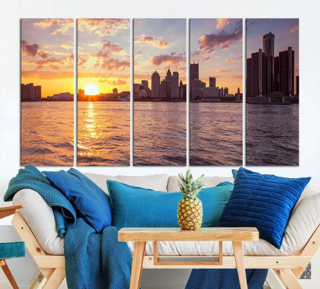 Downtown Detroit Sunset Skyline Cityscape Large Wall Art Canvas Print