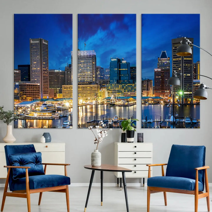 Extra Large Baltimore Night Skyline Canvas Wall Art Cityscape Print