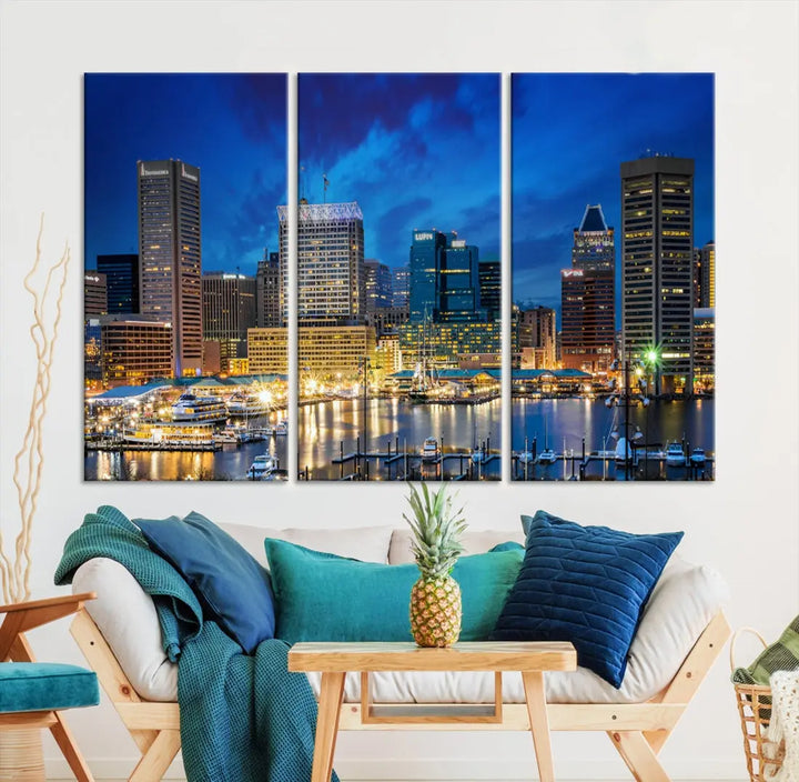 Extra Large Baltimore Night Skyline Canvas Wall Art Cityscape Print