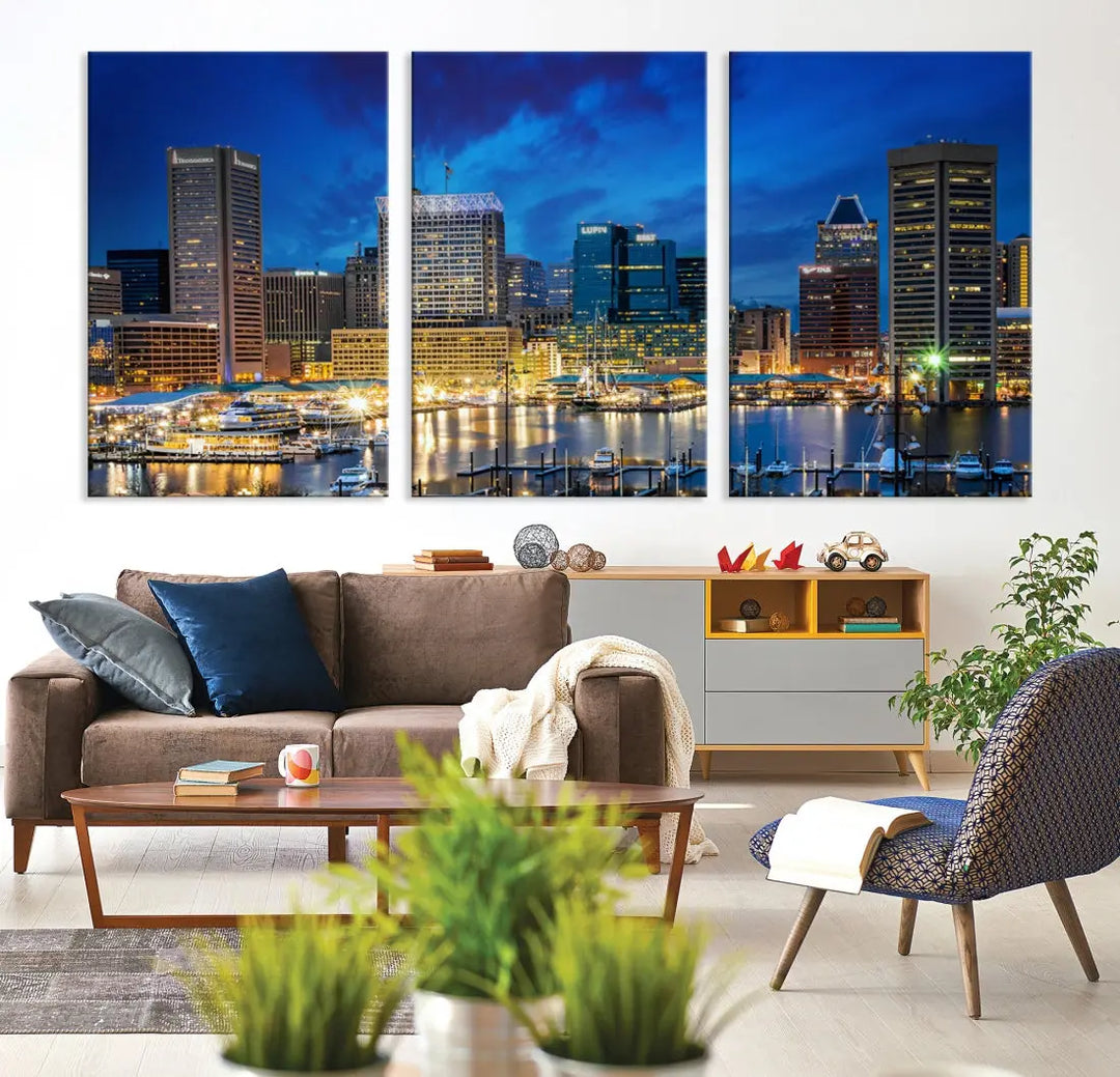 Extra Large Baltimore Night Skyline Canvas Wall Art Cityscape Print