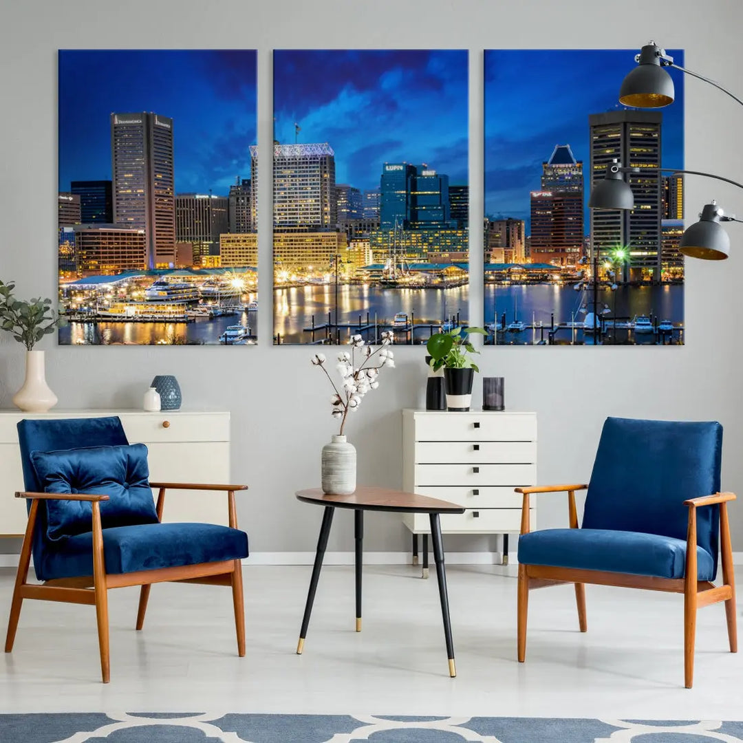 Extra Large Baltimore Night Skyline Canvas Wall Art Cityscape Print