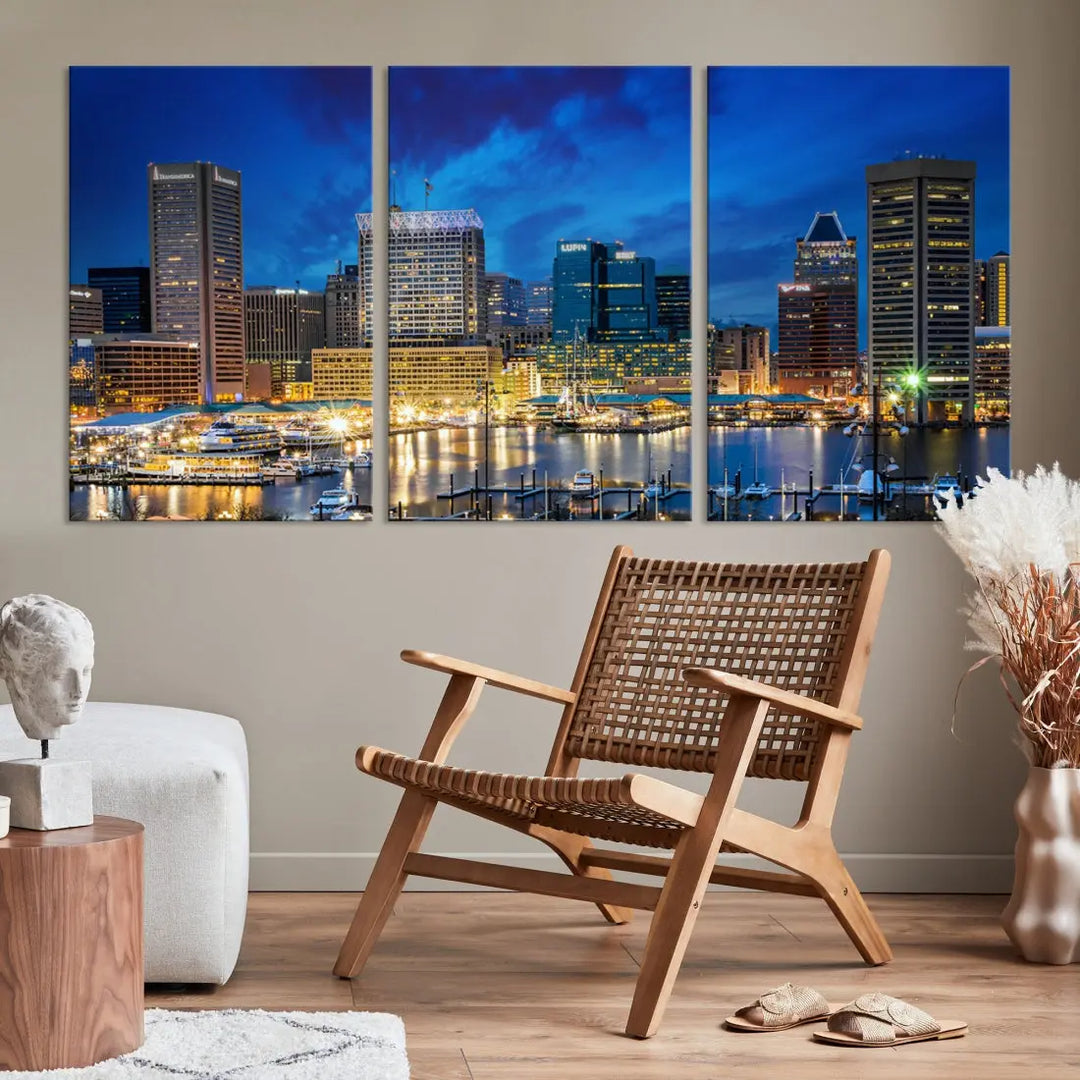 Extra Large Baltimore Night Skyline Canvas Wall Art Cityscape Print