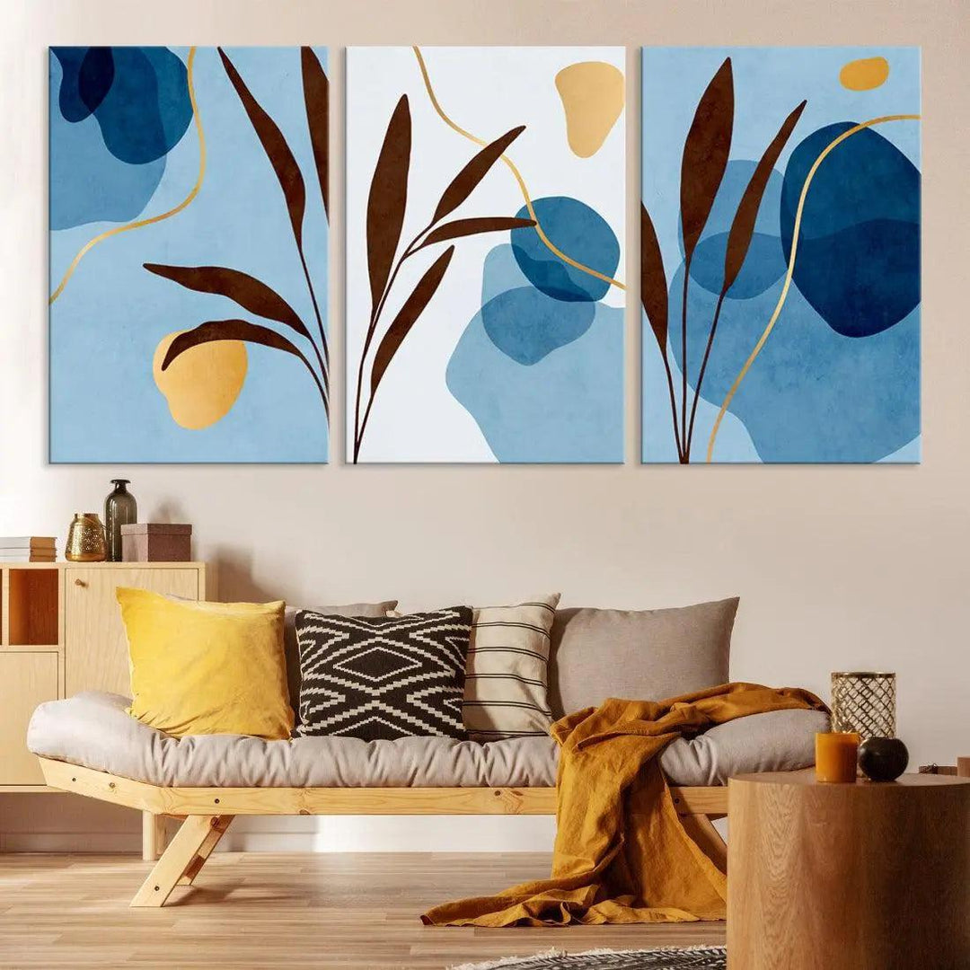 Extra Large Boho Pastel Blue and Yellow Floral Wall Art Framed Canvas Print