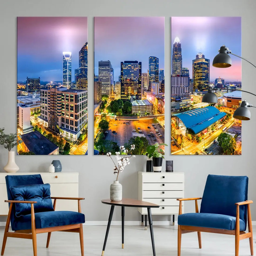 Extra Large Charlotte City Lights Purple Sunset Skyline Wall Art Canvas Print