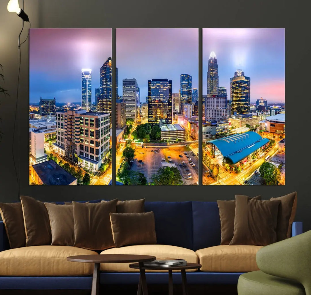 Extra Large Charlotte City Lights Purple Sunset Skyline Wall Art Canvas Print