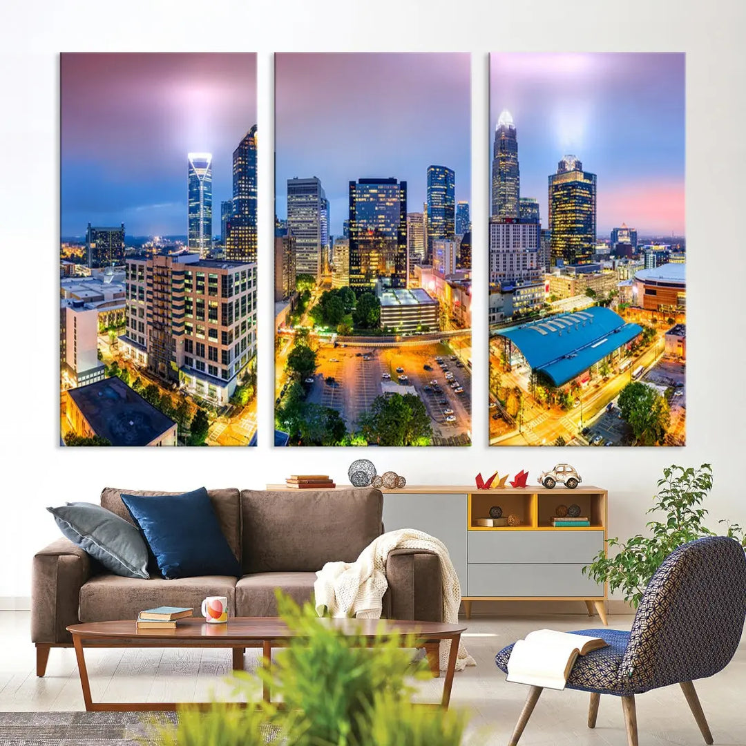 Extra Large Charlotte City Lights Purple Sunset Skyline Wall Art Canvas Print