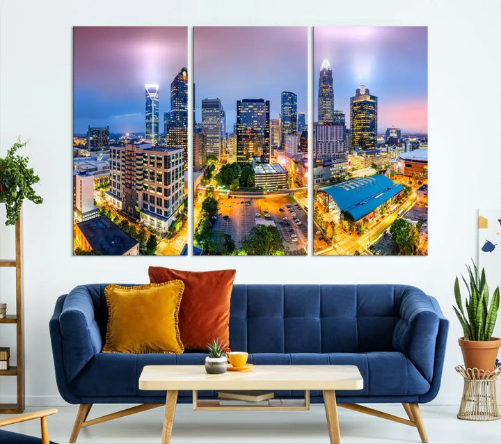 Extra Large Charlotte City Lights Purple Sunset Skyline Wall Art Canvas Print