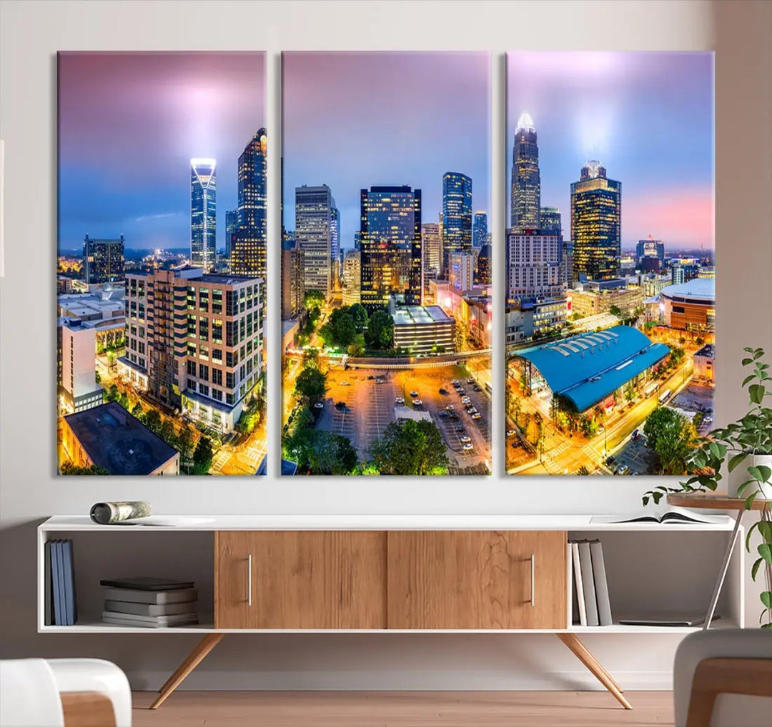 Extra Large Charlotte City Lights Purple Sunset Skyline Wall Art Canvas Print