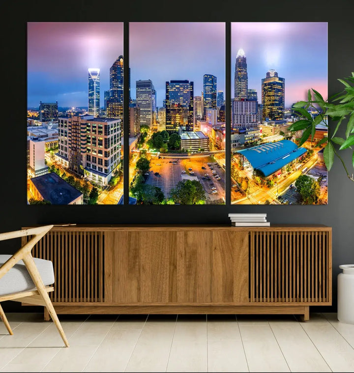 Extra Large Charlotte City Lights Purple Sunset Skyline Wall Art Canvas Print