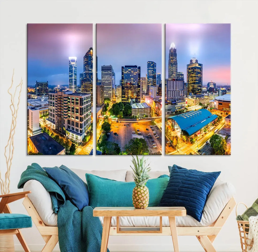 Extra Large Charlotte City Lights Purple Sunset Skyline Wall Art Canvas Print