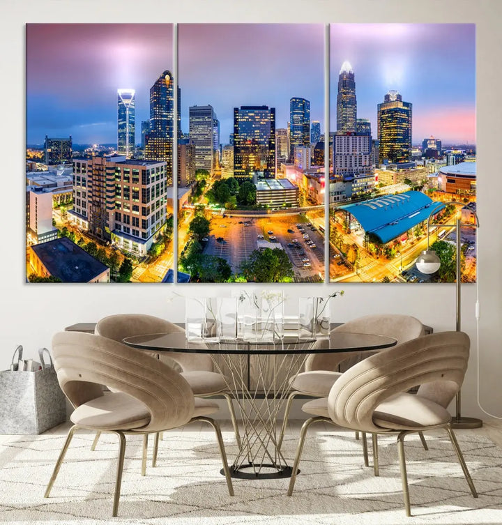 Extra Large Charlotte City Lights Purple Sunset Skyline Wall Art Canvas Print