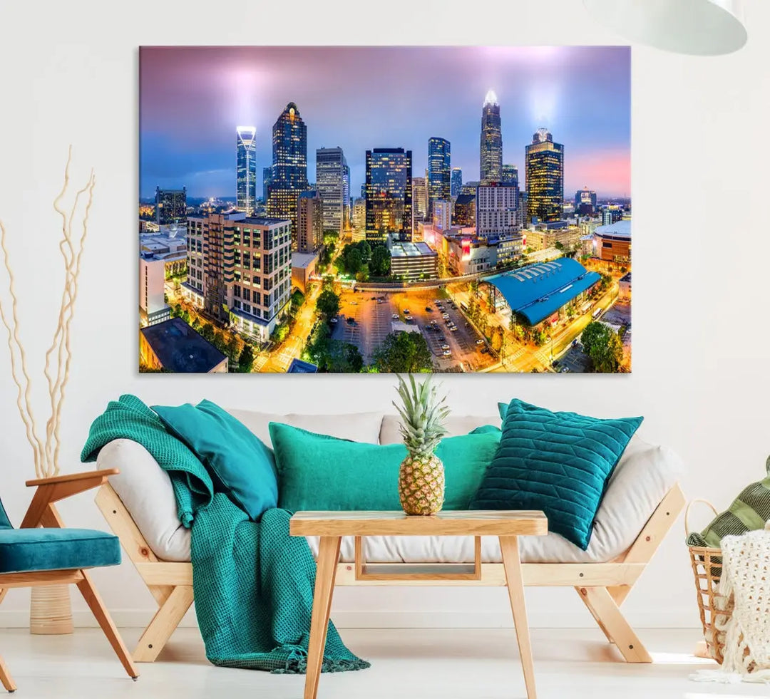 Extra Large Charlotte City Lights Purple Sunset Skyline Wall Art Canvas Print