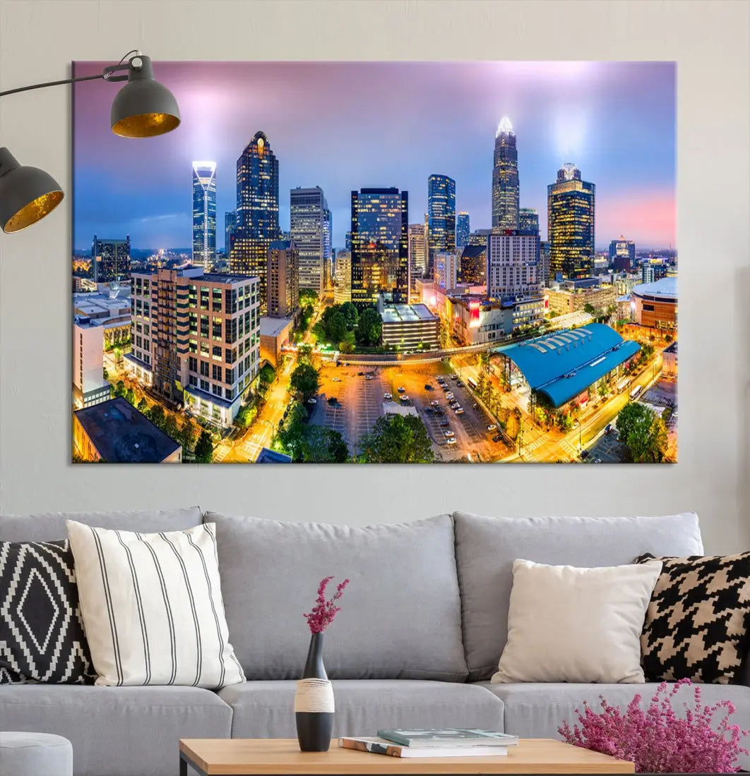 Extra Large Charlotte City Lights Purple Sunset Skyline Wall Art Canvas Print