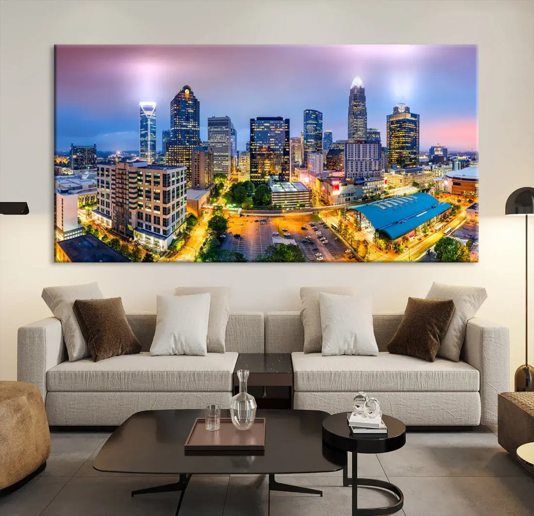 Extra Large Charlotte City Lights Purple Sunset Skyline Wall Art Canvas Print