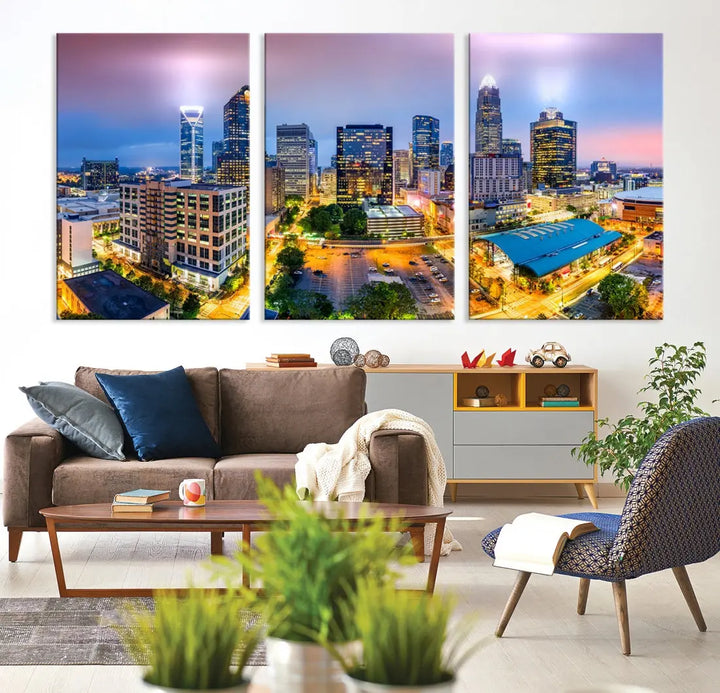 Extra Large Charlotte City Lights Purple Sunset Skyline Wall Art Canvas Print