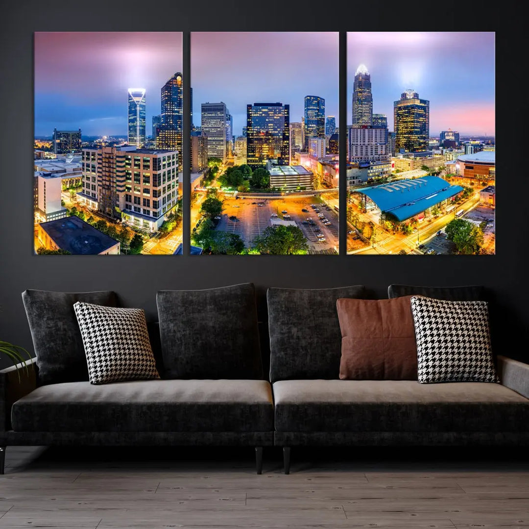 Extra Large Charlotte City Lights Purple Sunset Skyline Wall Art Canvas Print