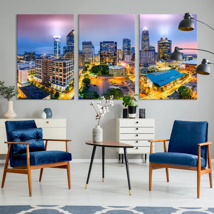 Extra Large Charlotte City Lights Purple Sunset Skyline Wall Art Canvas Print