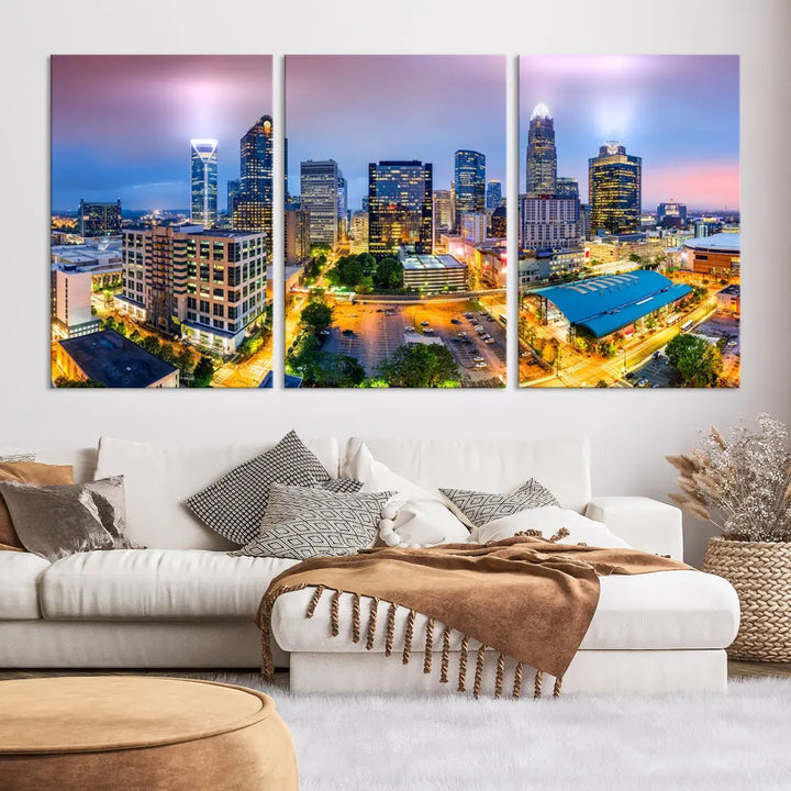 Extra Large Charlotte City Lights Purple Sunset Skyline Wall Art Canvas Print