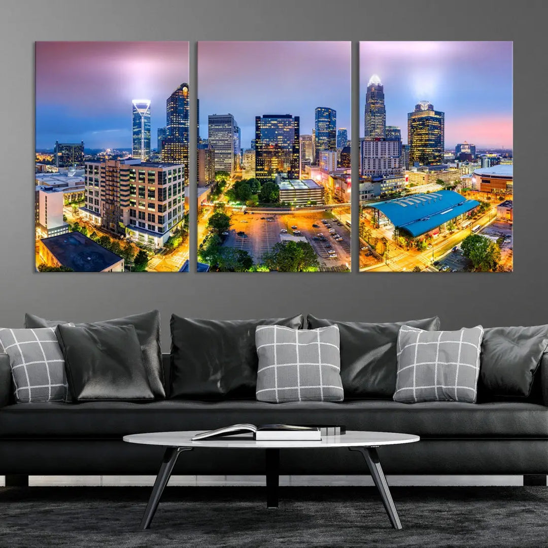 Extra Large Charlotte City Lights Purple Sunset Skyline Wall Art Canvas Print