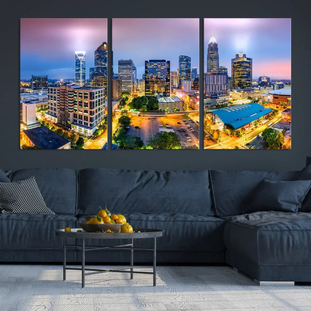 Extra Large Charlotte City Lights Purple Sunset Skyline Wall Art Canvas Print