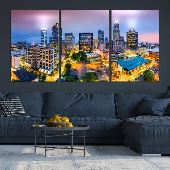 Extra Large Charlotte City Lights Purple Sunset Skyline Wall Art Canvas Print