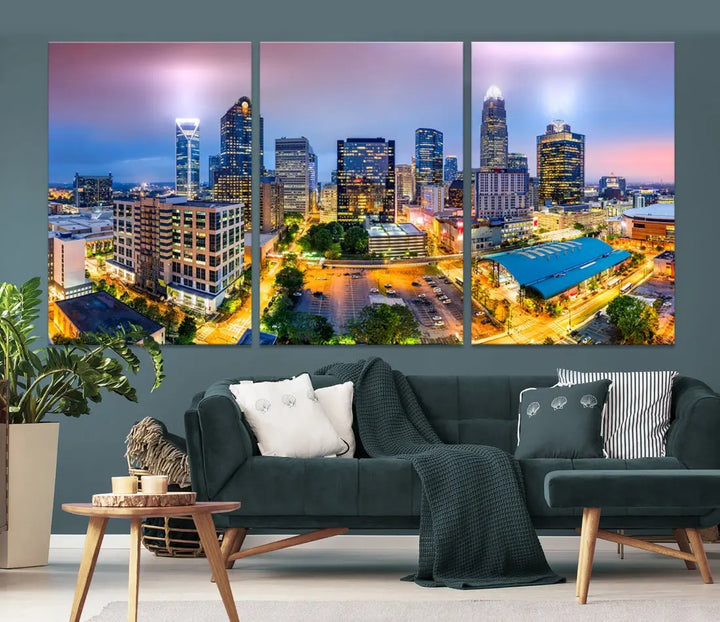 Extra Large Charlotte City Lights Purple Sunset Skyline Wall Art Canvas Print