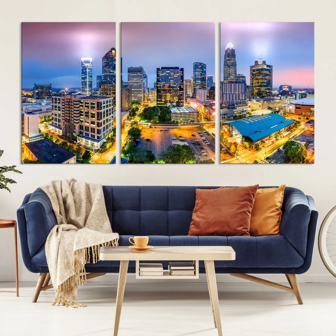 Extra Large Charlotte City Lights Purple Sunset Skyline Wall Art Canvas Print