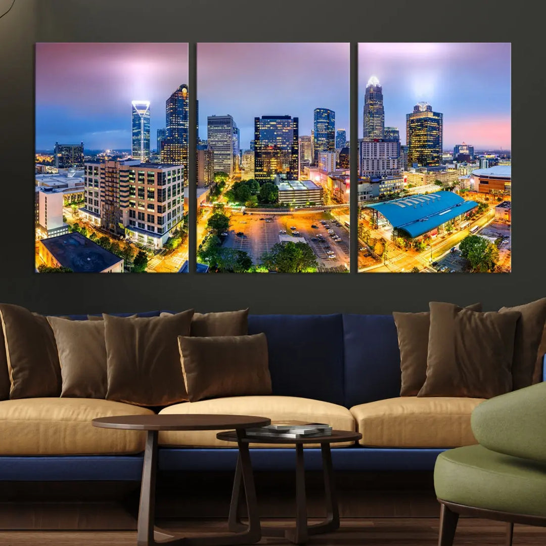 Extra Large Charlotte City Lights Purple Sunset Skyline Wall Art Canvas Print