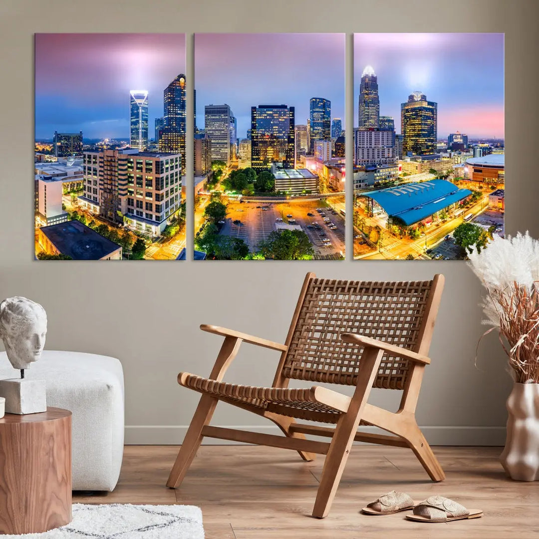 Extra Large Charlotte City Lights Purple Sunset Skyline Wall Art Canvas Print