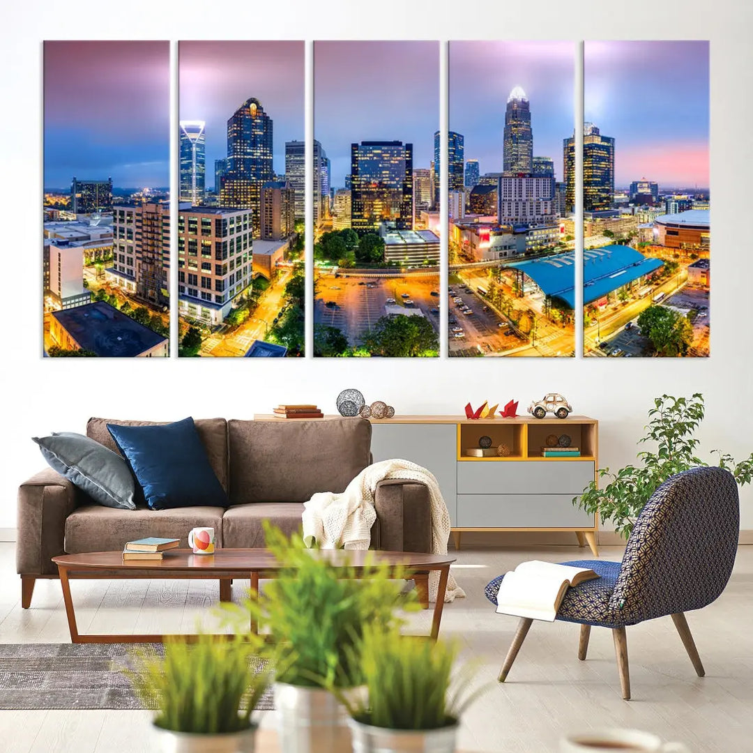 Extra Large Charlotte City Lights Purple Sunset Skyline Wall Art Canvas Print